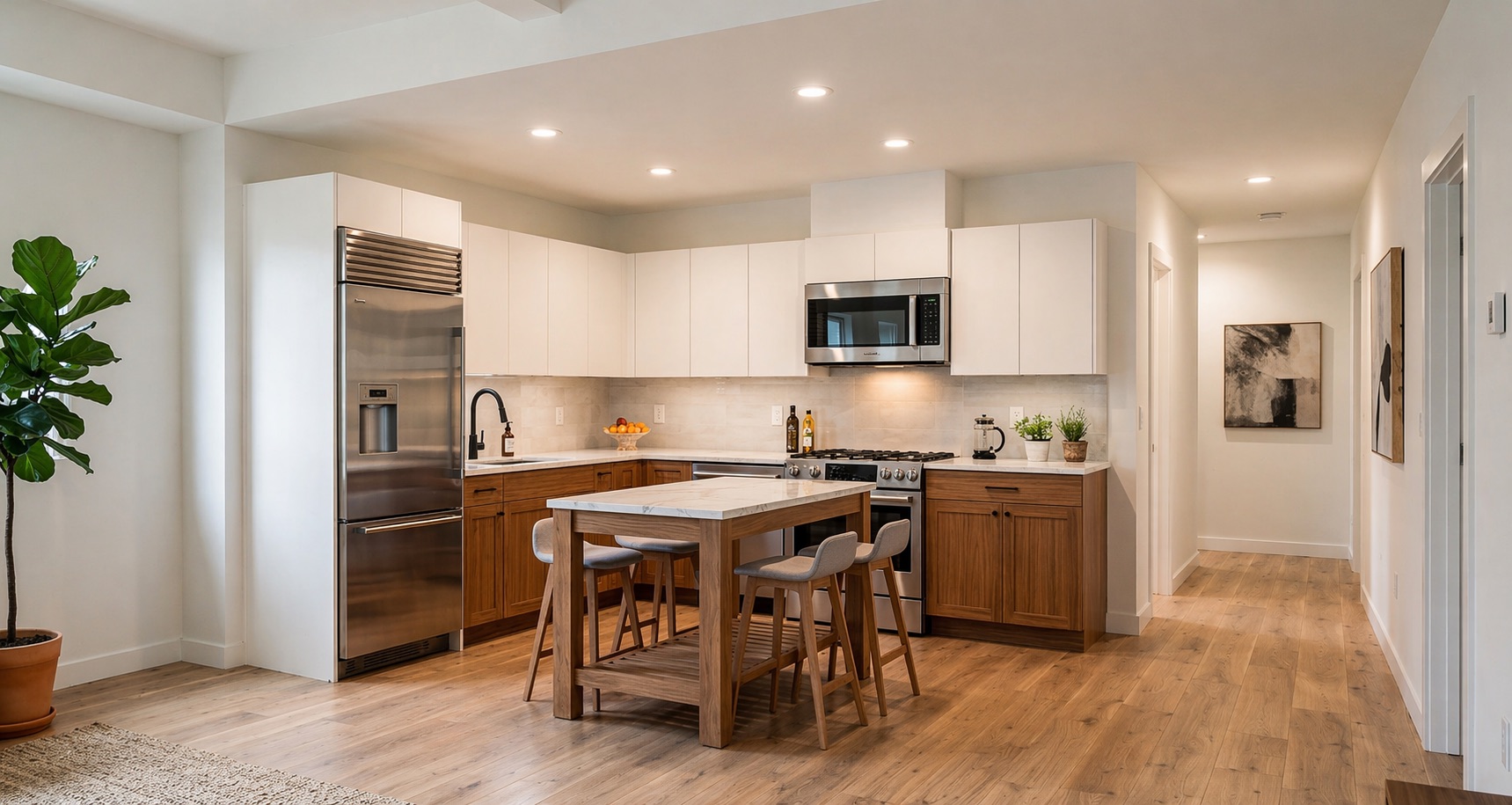 Open kitchen with premium finishes, Beechwood Collection suite